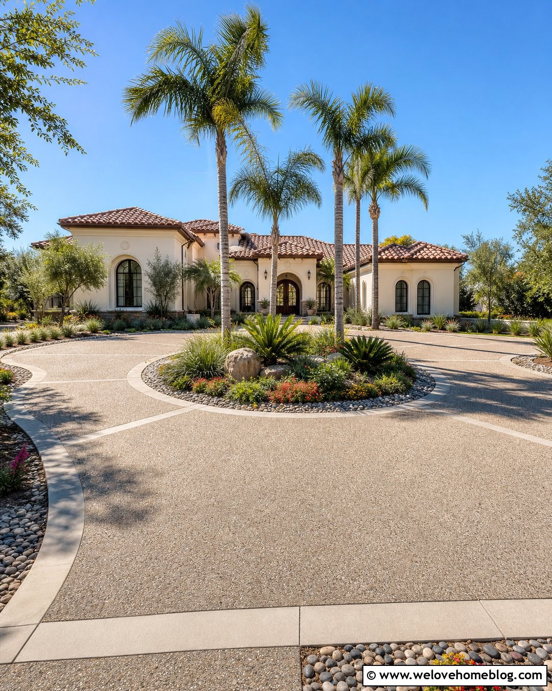 Exposed Aggregate Horseshoe Driveway With Palm Landscaping - 20 driveway landscape for horseshoe ideas