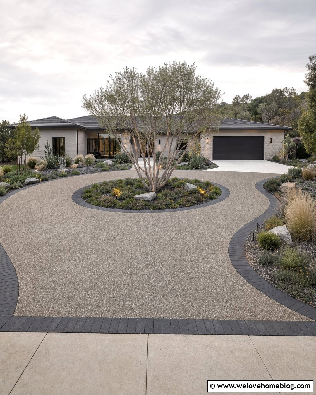 Exposed Aggregate Island Turnaround - 20 Turnaround Driveway Ideas