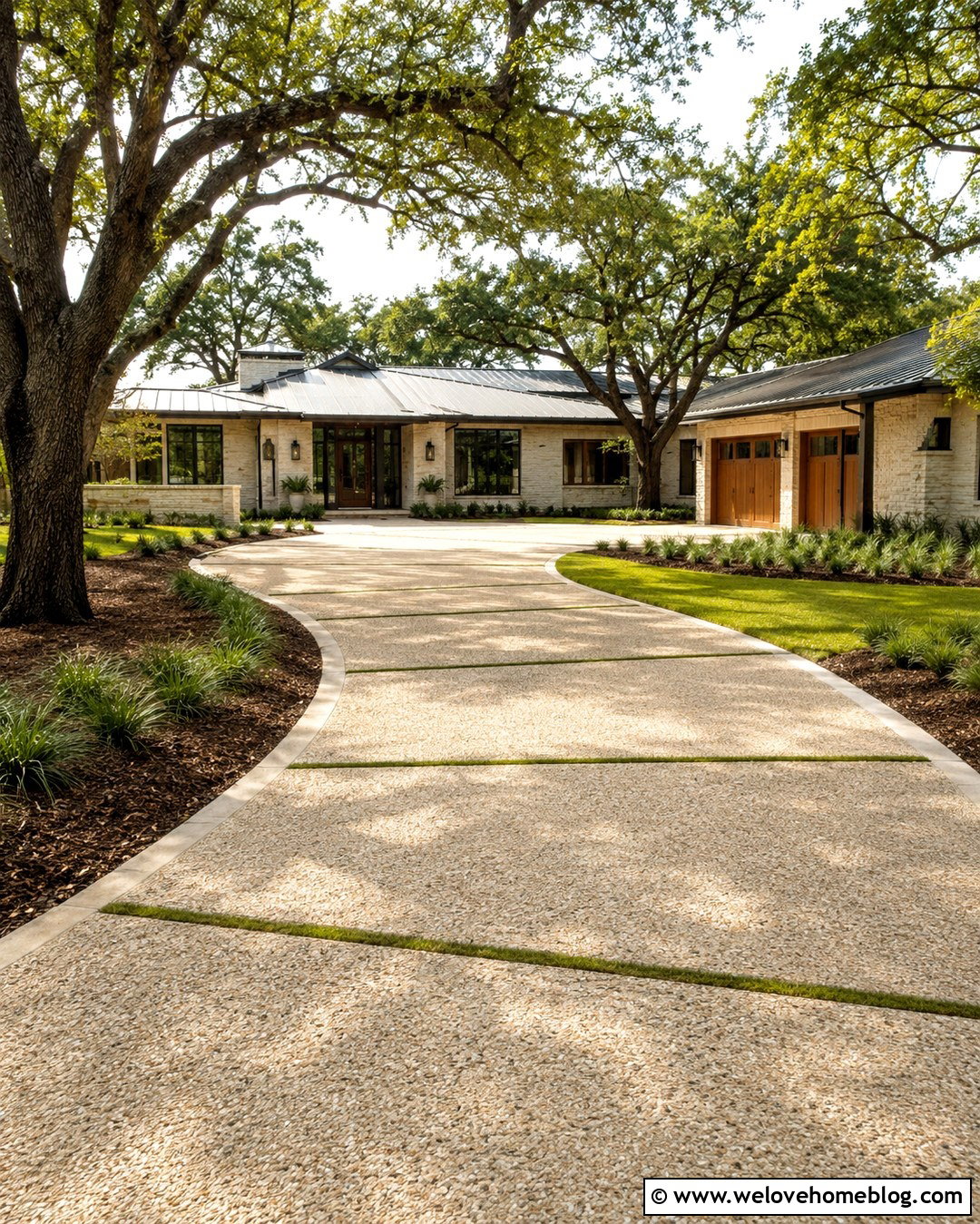 Exposed Aggregate Live Oak Driveway With Grass Joints - 20 live oak tree lined driveway ideas