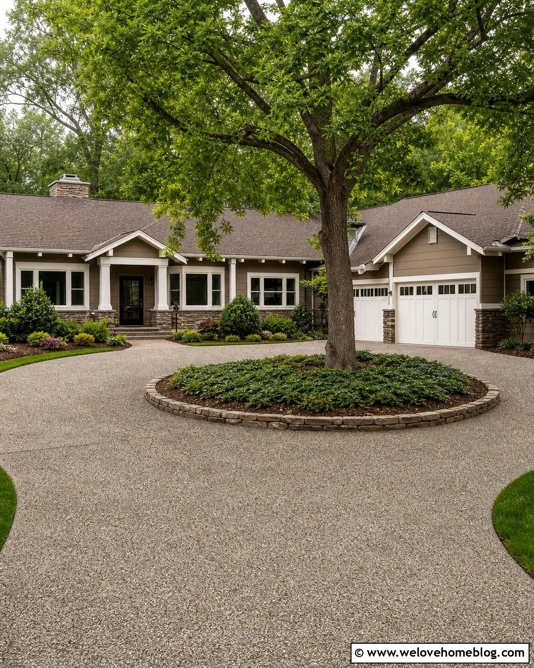 Exposed Aggregate Round Driveway With Tree Island - 30 Round Driveway Ideas