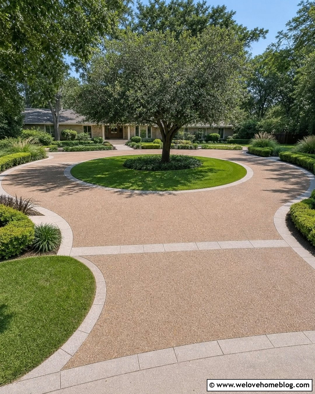 Exposed Aggregate Roundabout Driveway With Grass Island - 20 roundabout driveway design ideas
