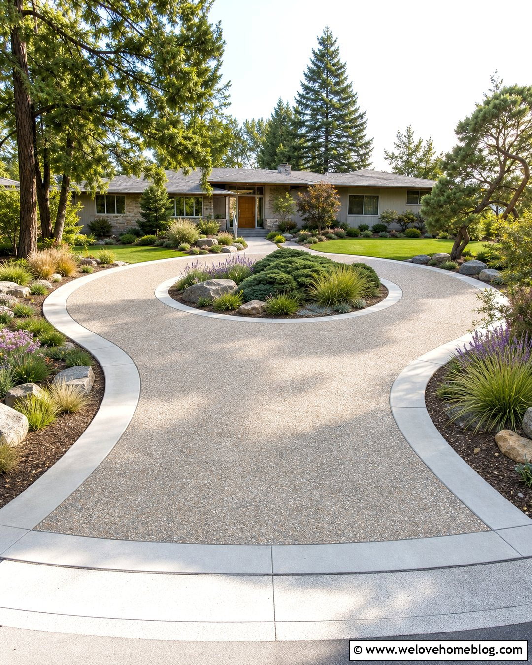 Exposed Aggregate Roundabout Driveway With Rock Garden - 35 Roundabout Driveway Ideas