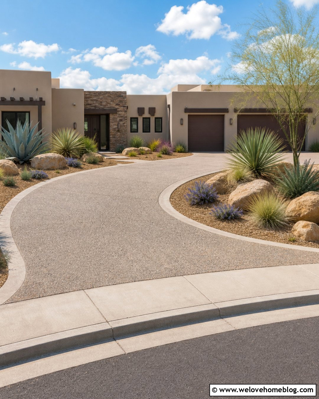 Exposed Aggregate Semi Circle Driveway With Drought Tolerant Plants - 35 Semi Circle Driveway Landscaping Ideas