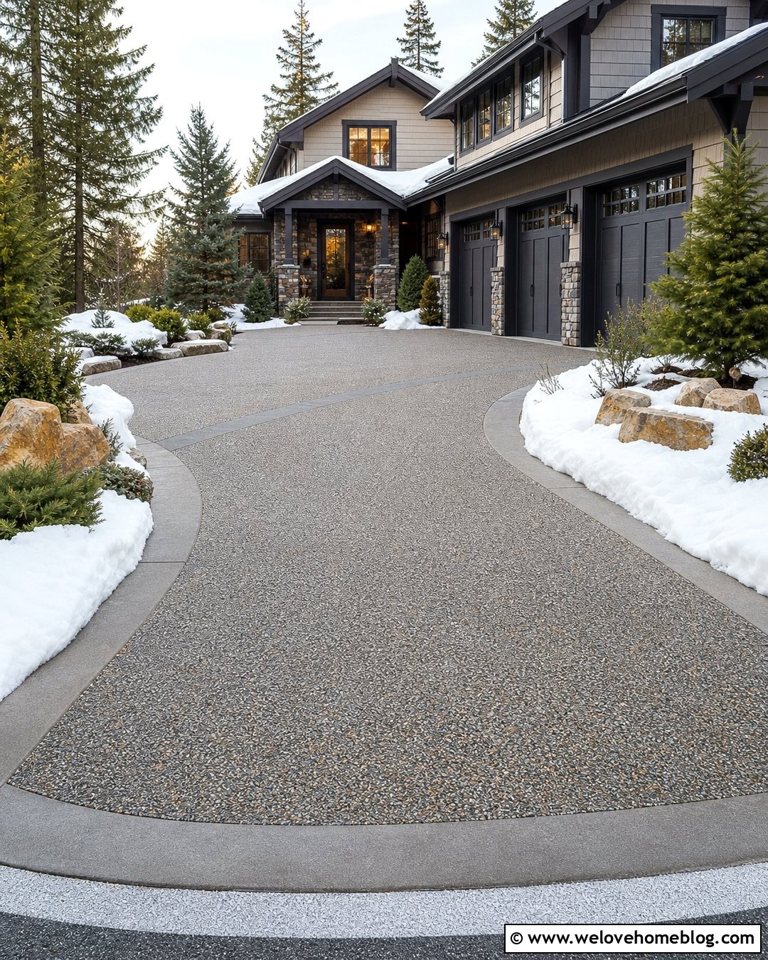 Exposed Aggregate Snowy Driveway - 20 Snowy Driveway Ideas