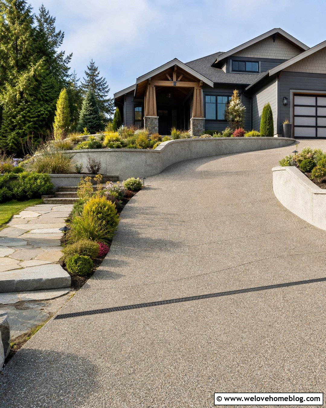 Exposed Aggregate Terraced Driveway With Curved Walls