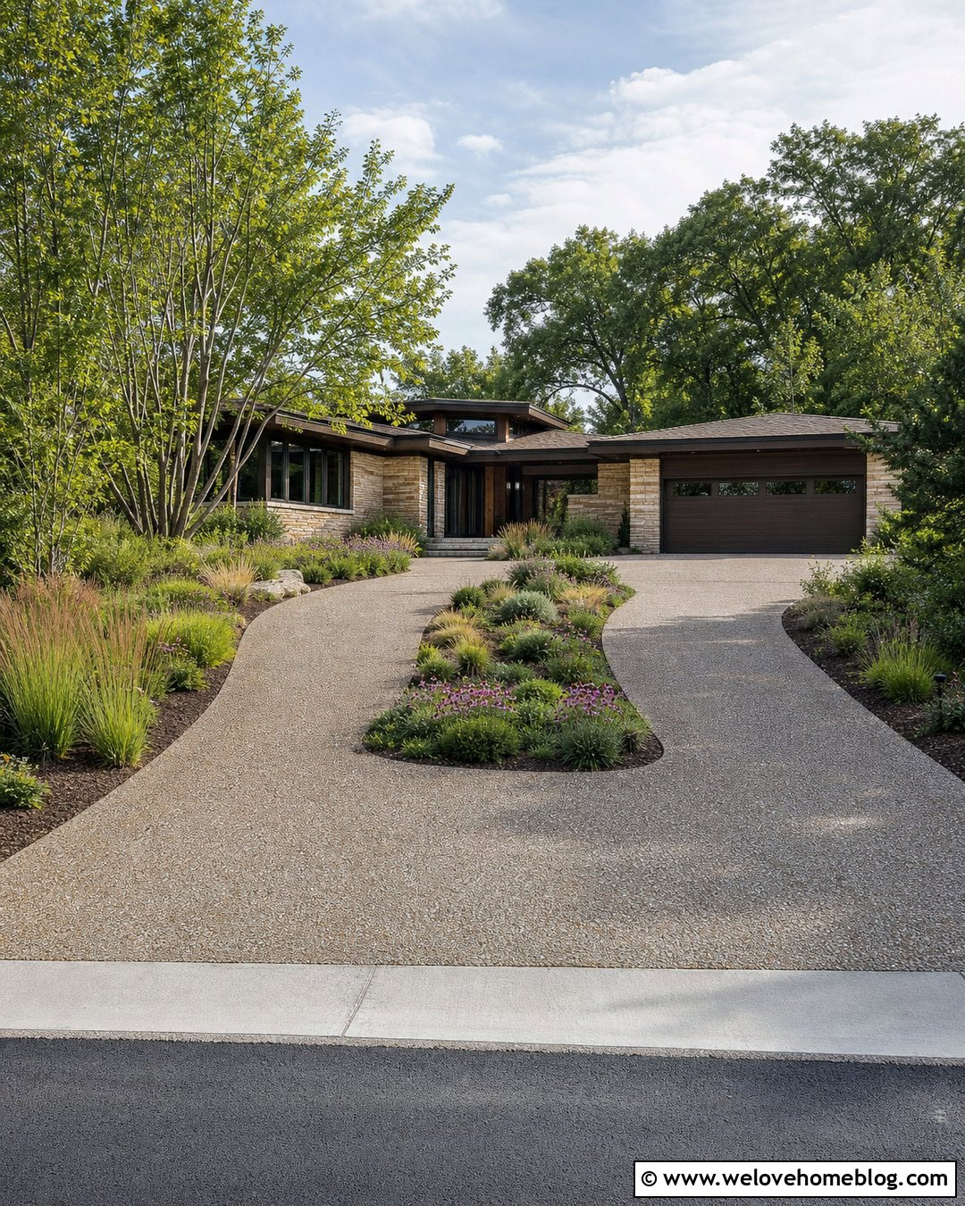 Exposed Aggregate Tire Track Driveway With Native Plants - 20 Tire Track Driveway Ideas