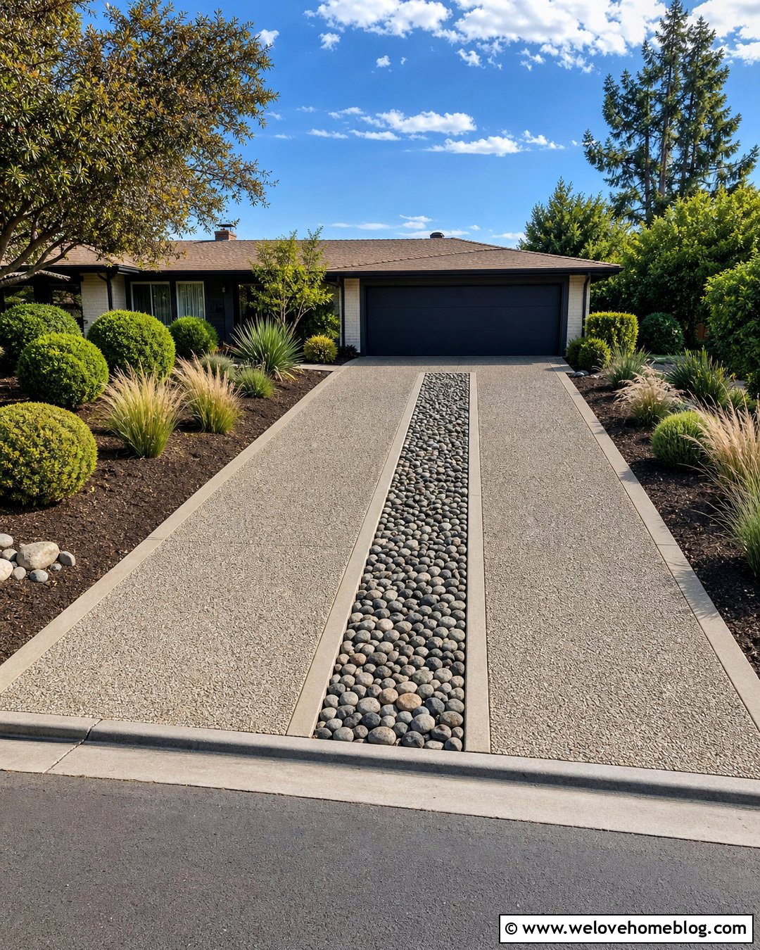 Exposed Aggregate Two Strip Driveway With River Rock Center - 20 Two Strip Driveway Ideas