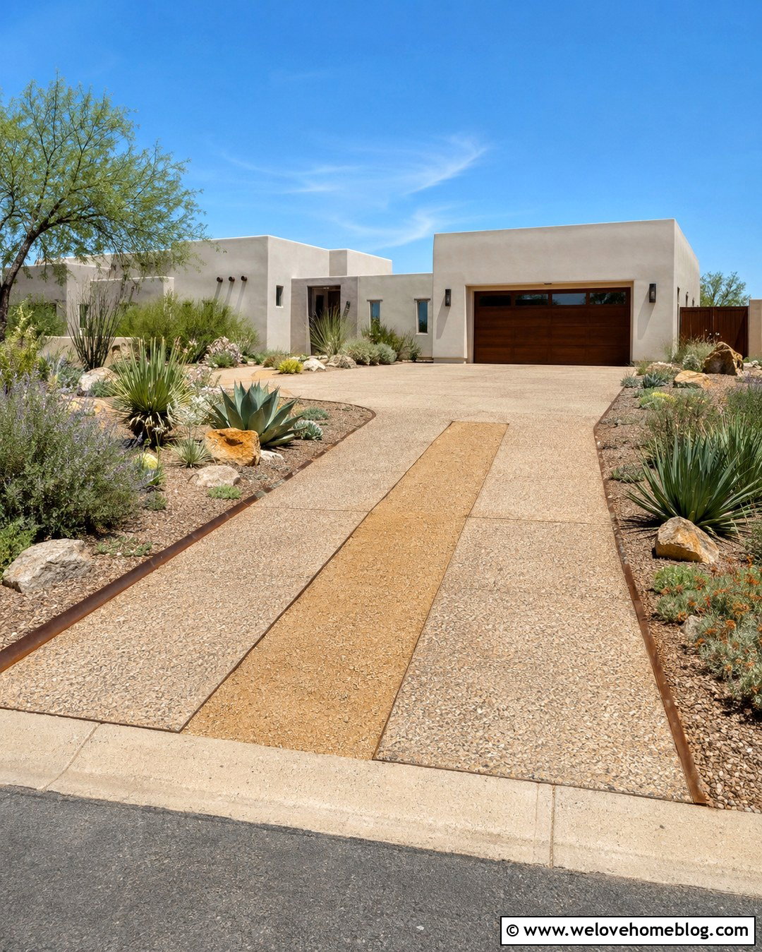 Exposed Aggregate Two Track Driveway With Drought Tolerant Landscaping - 20 Two Track Driveway Ideas