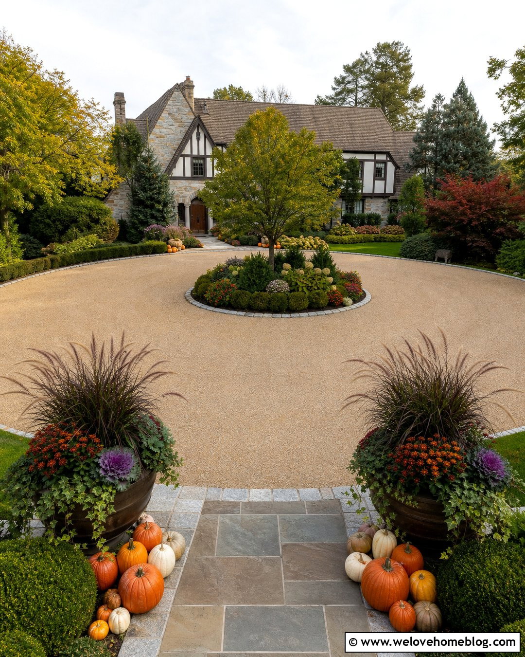 Fall Circular Driveway With Harvest Planters - 20 Fall Decor Driveway Entrance Ideas