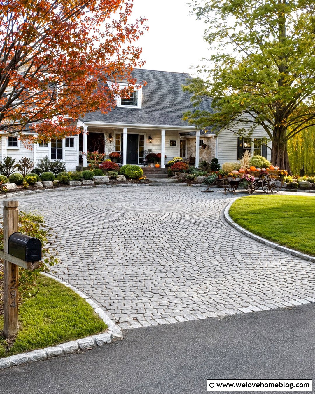 Fall Driveway Entrance With A Wagon Display - 20 Fall Driveway Entrance Decor Ideas