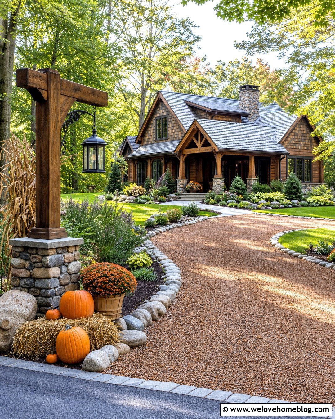 Fall Driveway Entrance With A Wooden Welcome Sign - 20 Fall Decor Driveway Entrance Ideas