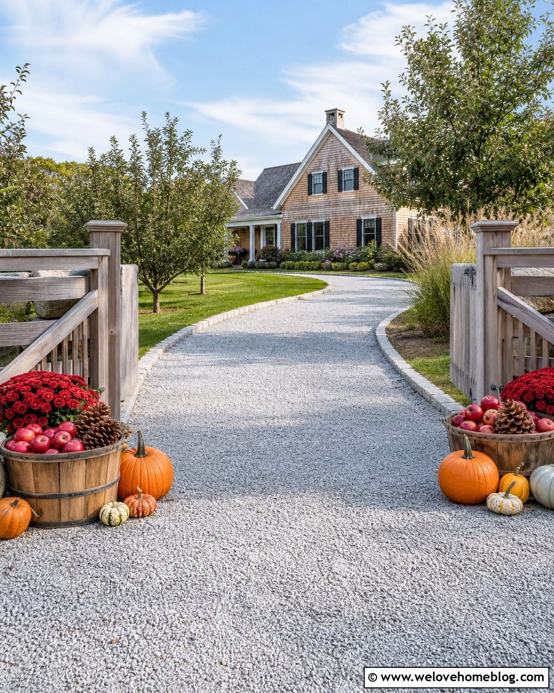 Fall Driveway Entrance With Apple Baskets And Pumpkins - 20 Fall Decor Driveway Entrance Ideas