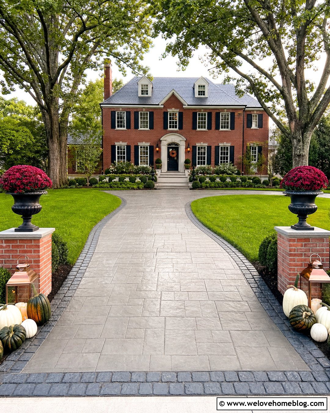 Fall Driveway Entrance With Burgundy Mums - 20 Fall Decor Driveway Entrance Ideas