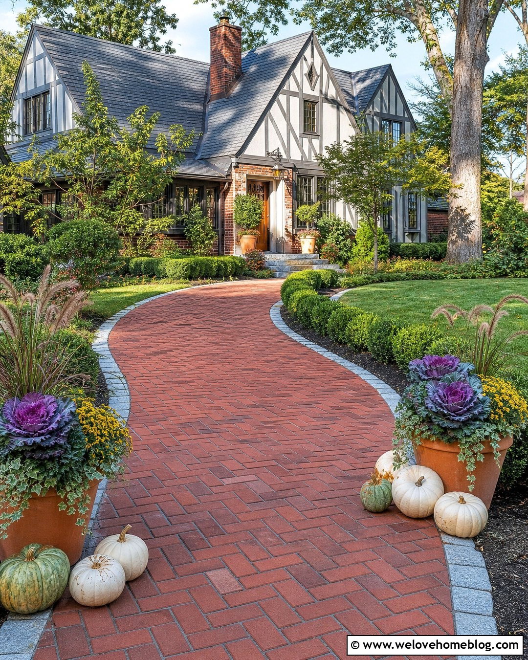 Fall Driveway Entrance With Ornamental Cabbage - 20 Fall Decor Driveway Entrance Ideas