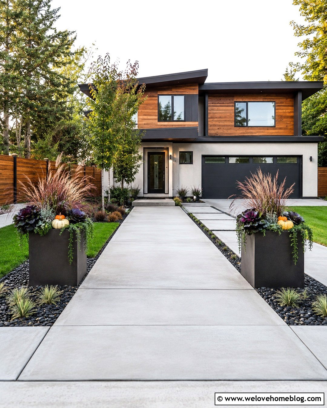 Fall Driveway Entrance With Ornamental Grass Planters - 20 Fall Driveway Entrance Decor Ideas