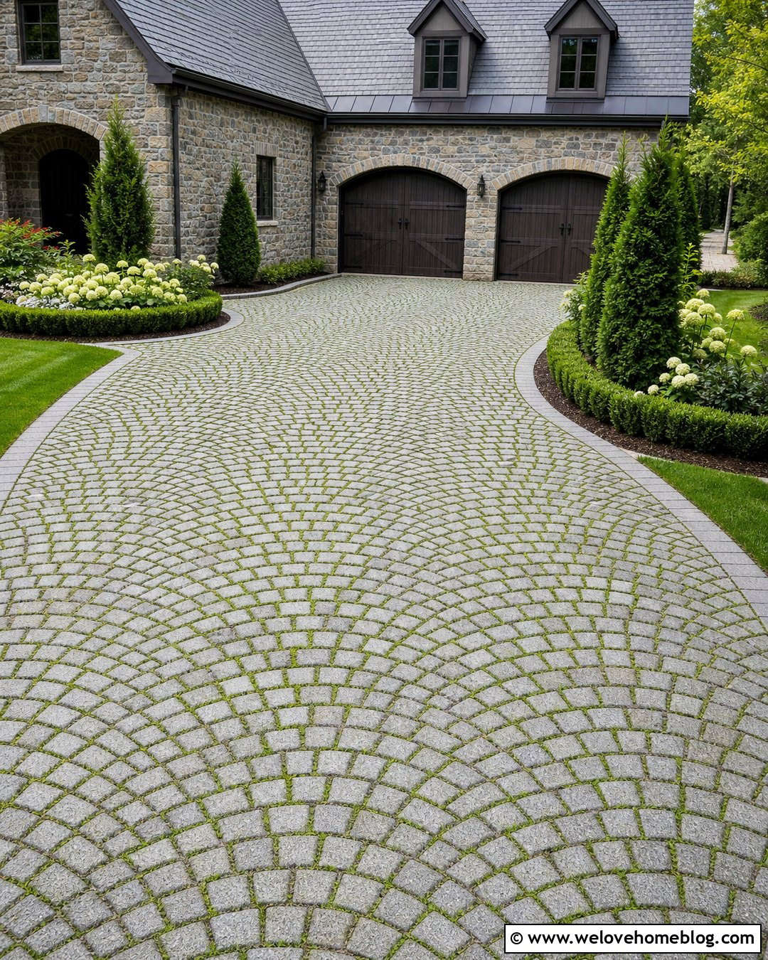 Fan Pattern Cobblestone Grass Driveway - 20 cobblestone grass driveway ideas
