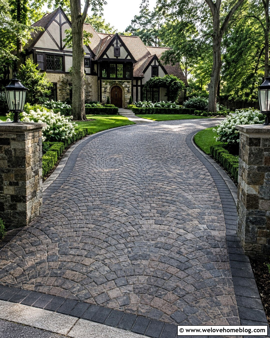 Fan Pattern Paver Driveway For Tudor House - 20 Pavered Driveway Ideas
