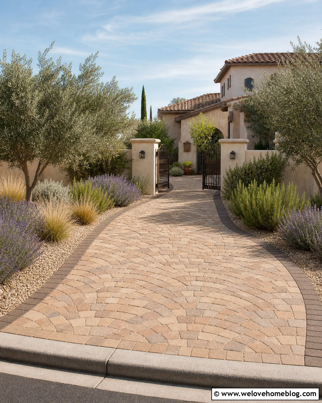 Fan Pattern Paver Driveway With Mediterranean Landscaping - 20 Driveways With Pavers Ideas