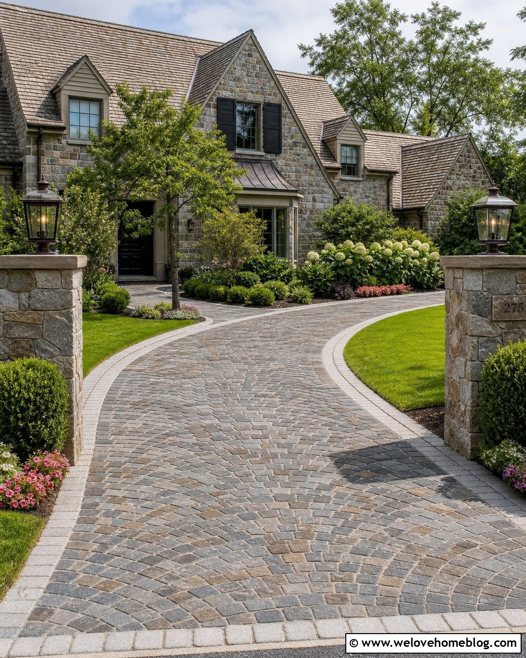 Fan Pattern Paver Driveway With Stone Pillars - 45 Driveway Design Ideas