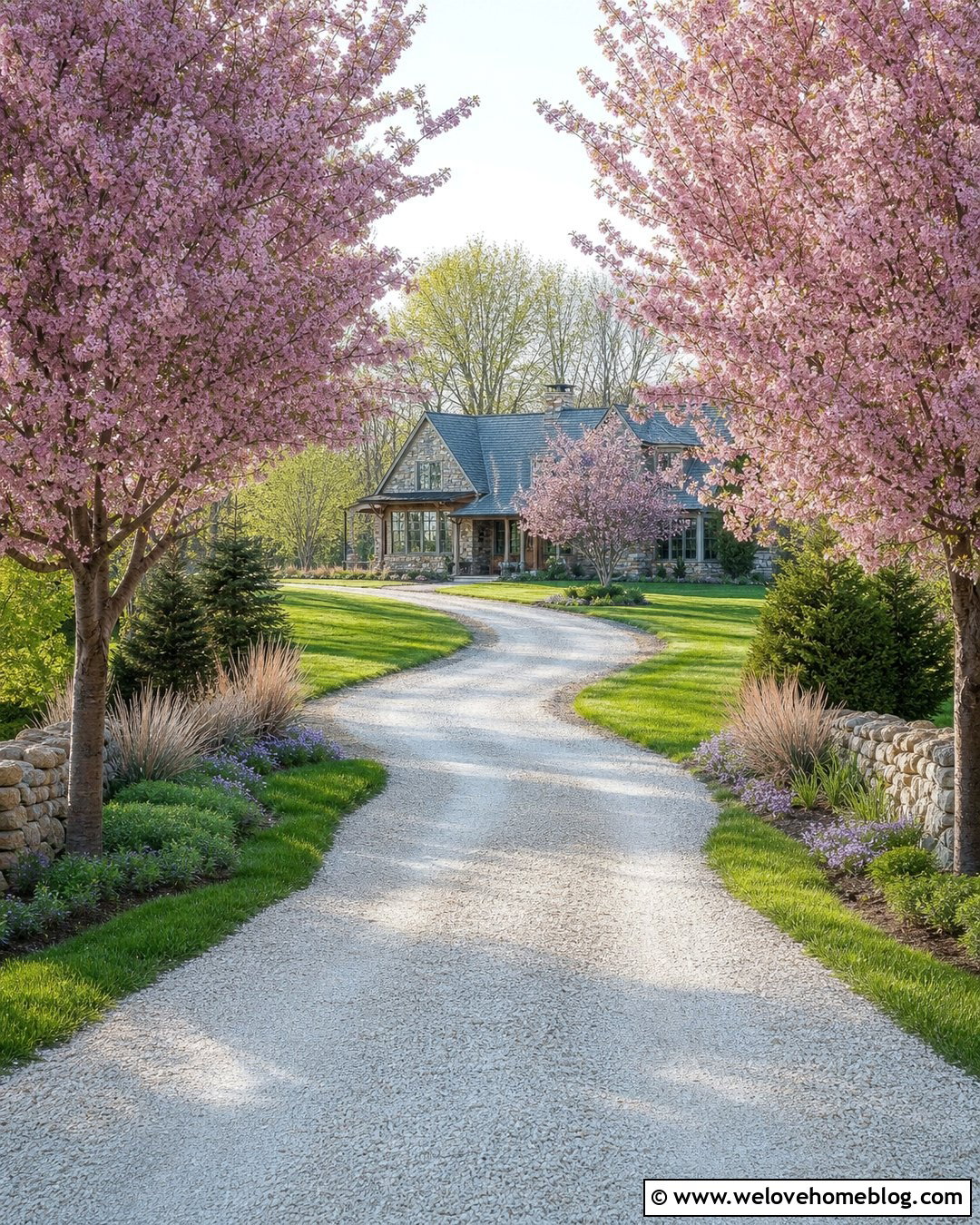 Farm Driveway With Flowering Tree Entrance - 35 Farm Driveway Ideas