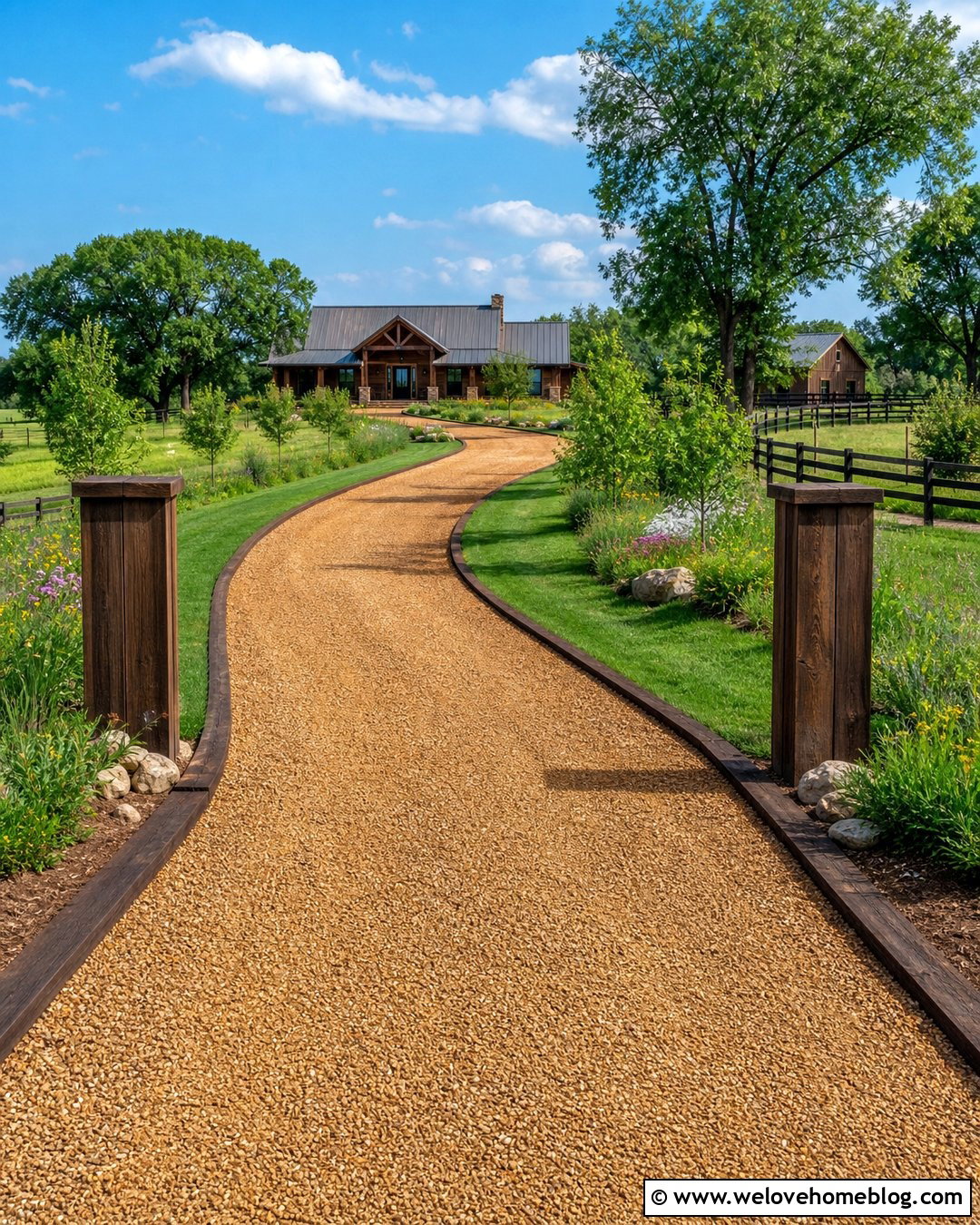Farm Driveway With Rustic Timber Edging - 35 Farm Driveway Ideas