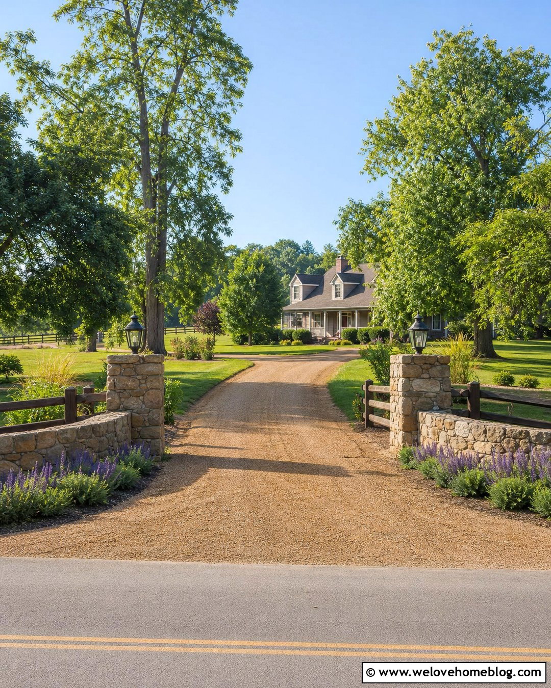 Farm Driveway With Stone Entrance Pillars - 35 Farm Driveway Ideas