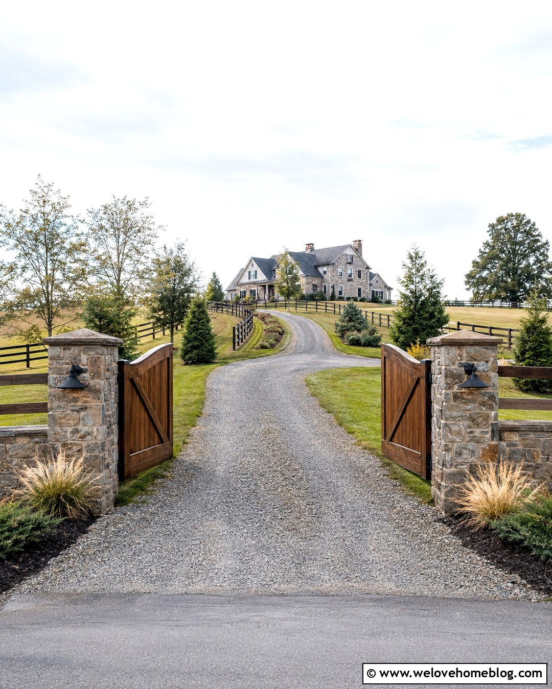 Farm Driveway With Stone Pillars And Gate - 20 Farm Driveways Ideas