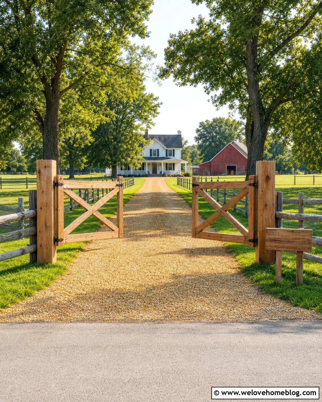 Farm Driveway With Wooden Gate And Gravel Lane - 35 Farm Driveway Ideas