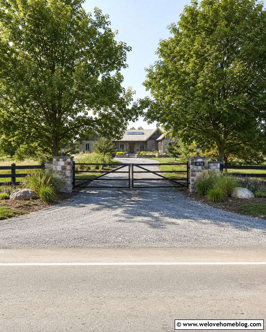 Farm Gate Entrance With Fieldstone Posts - 20 Private Gated Driveway Entrance Ideas