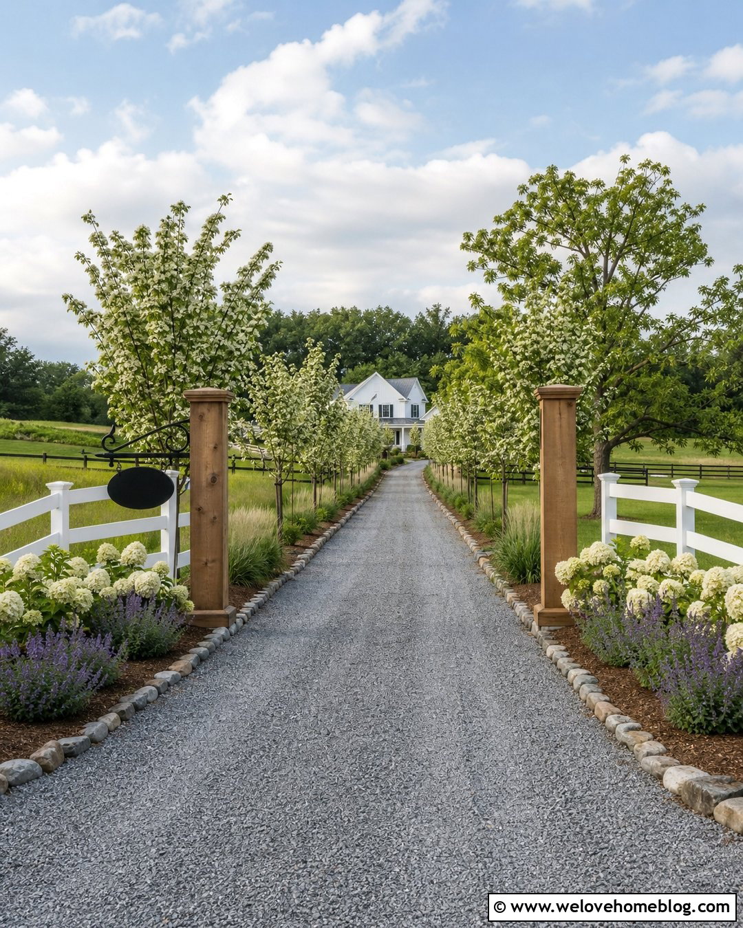 Farmhouse Acreage Driveway Entrance With Split Rail Fencing - 30 Acreage Landscaping Driveway Entrance Ideas