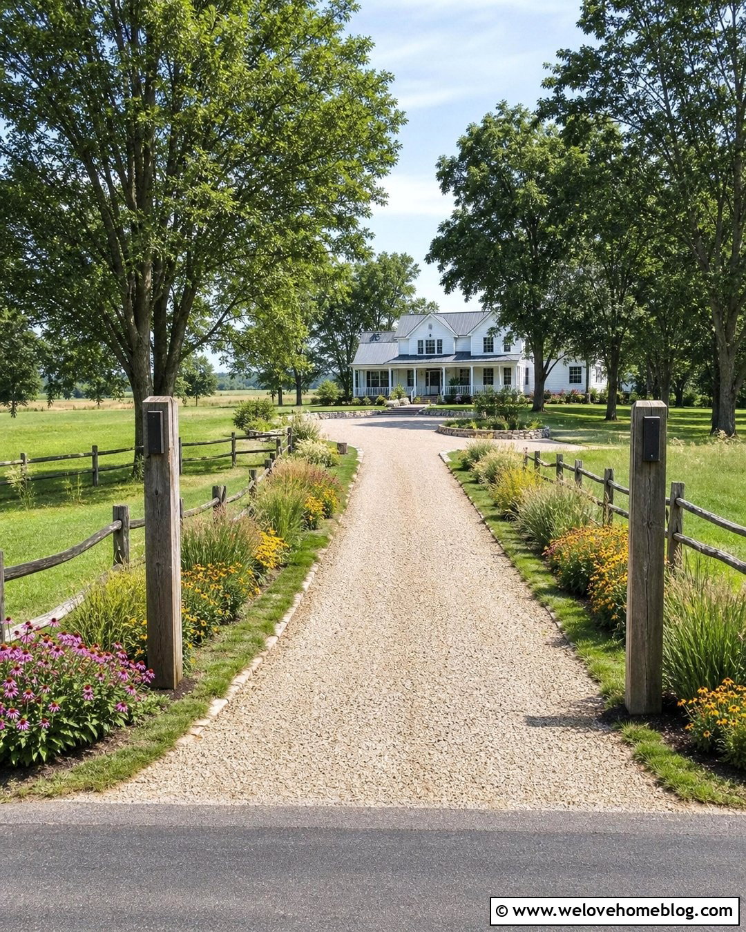 Farmhouse Beige Gravel Driveway With Split Rail Fence - 20 Beige Gravel Driveway Ideas