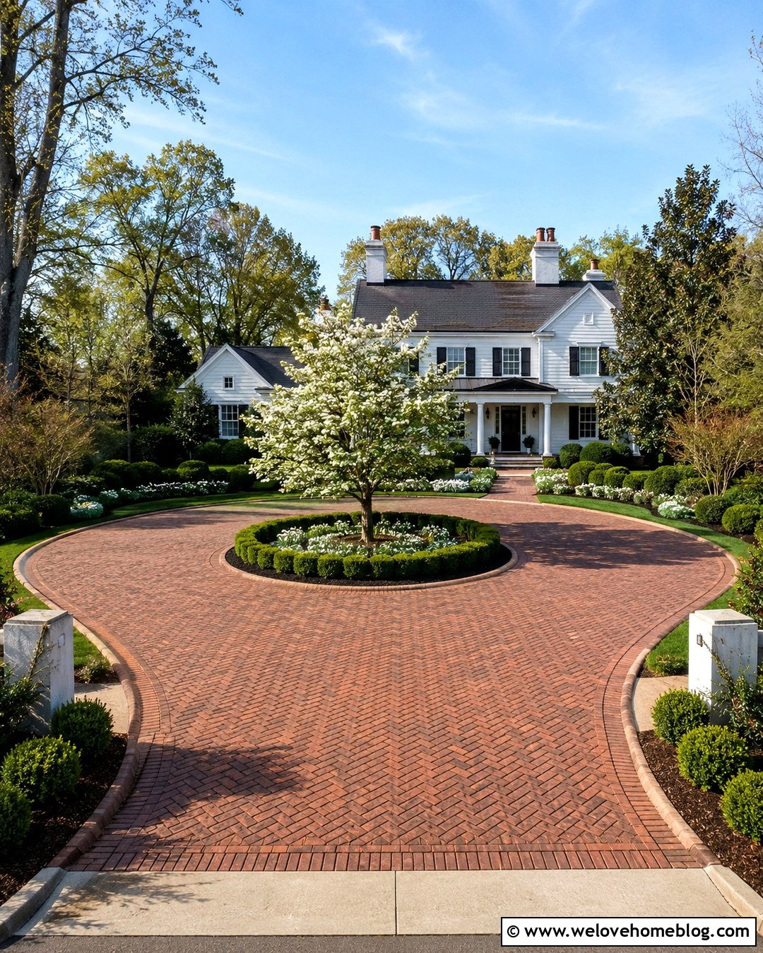 Farmhouse Brick Circle Driveway With Boxwood Island - 20 Farmhouse Circle Driveway Ideas