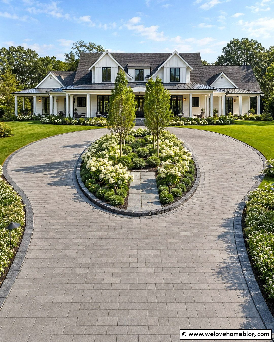 Farmhouse Circle Driveway With An Oval Garden Island - 20 Farmhouse Circle Driveway Ideas
