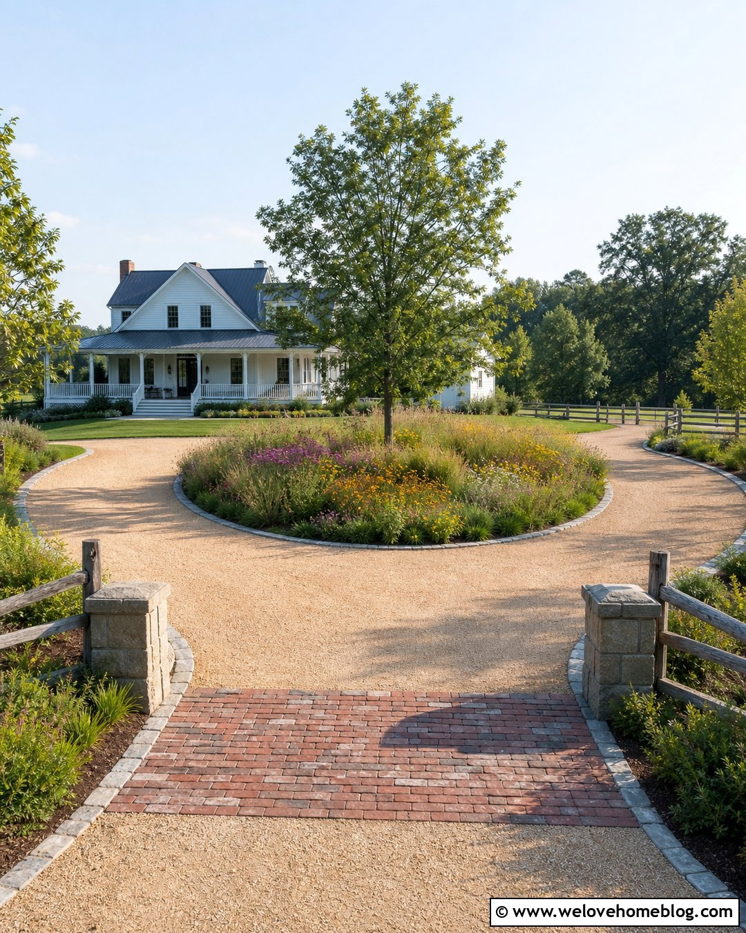 Farmhouse Circle Driveway With Native Plants - 20 Circle Driveway Design Ideas