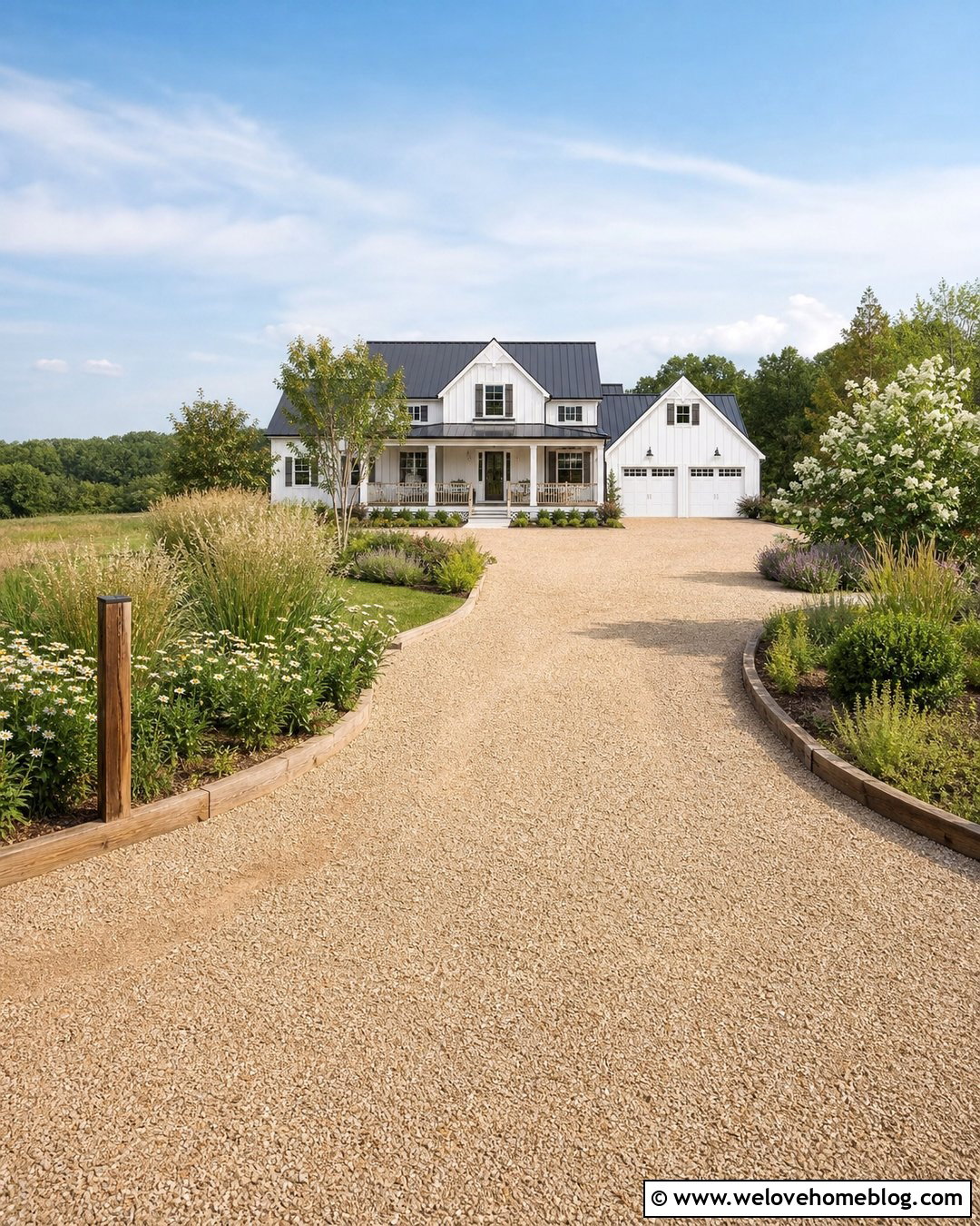 Farmhouse Compacted Gravel Driveway With Timber Edging - 20 Compacted Gravel Driveway Ideas