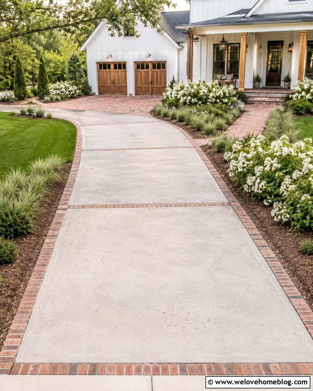 Farmhouse Concrete Driveway With Antique Brick Bands - 20 concrete and brick driveway ideas