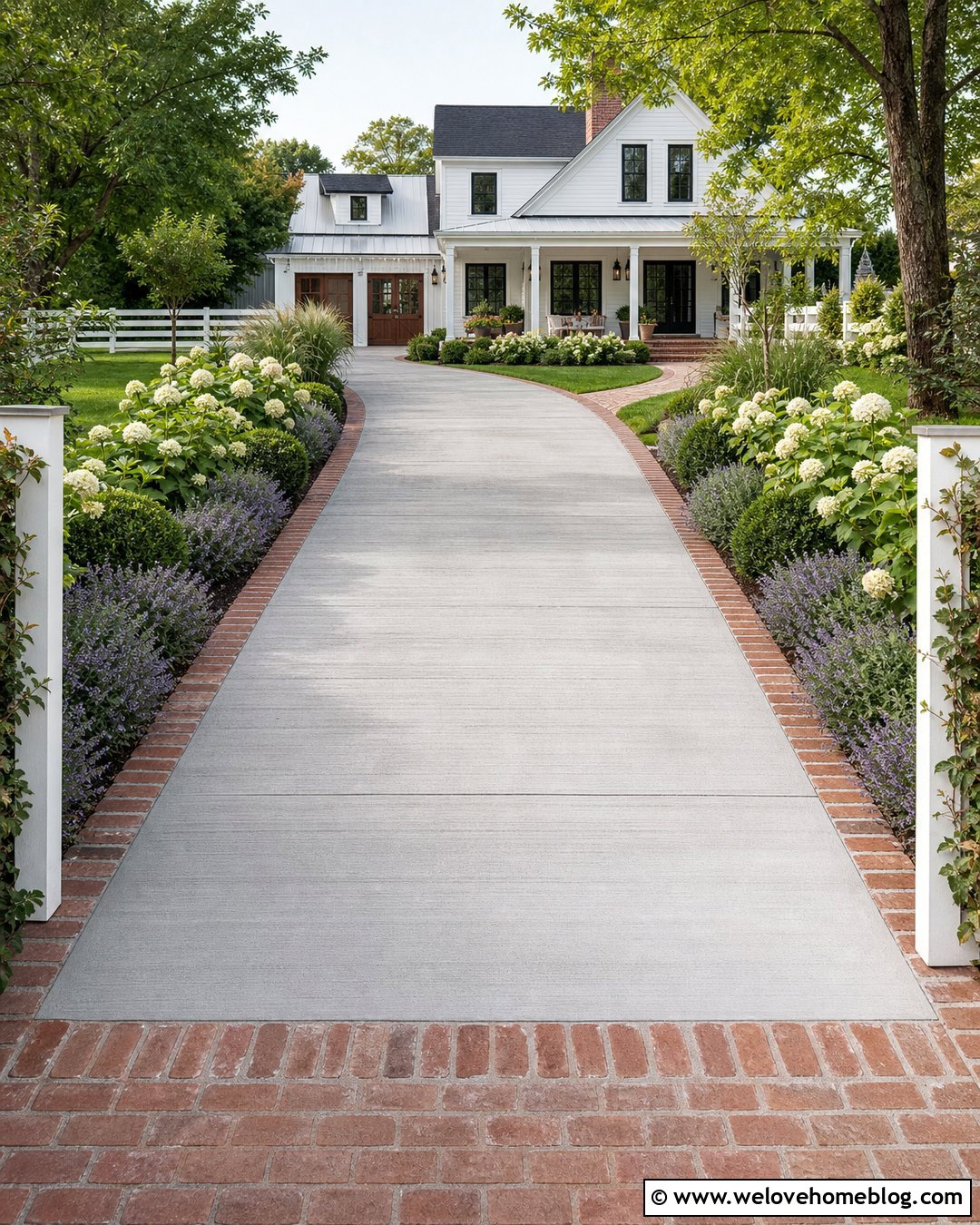 Farmhouse Concrete Driveway With Brick Border - 45 Driveway Design Ideas