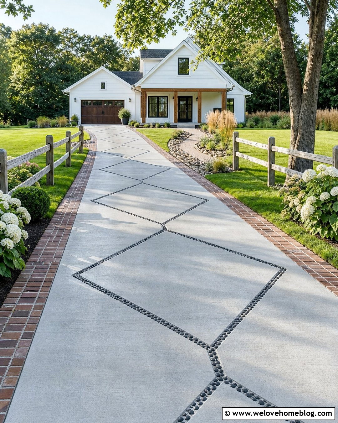 Farmhouse Concrete Driveway With River Rock Diamonds - 20 Diamond Driveway Pattern Ideas