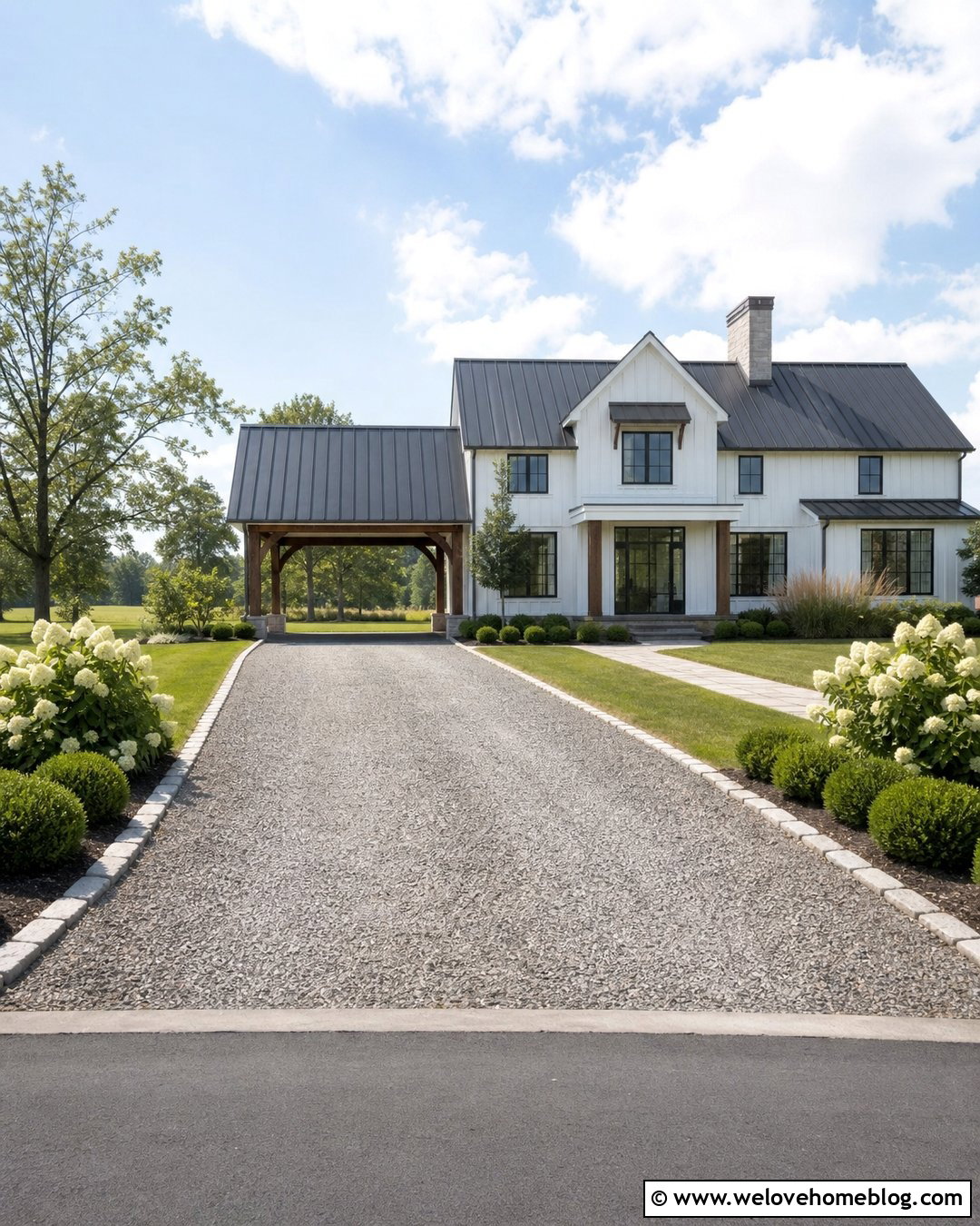 Farmhouse Covered Gravel Driveway - 30 Covered Driveway Ideas