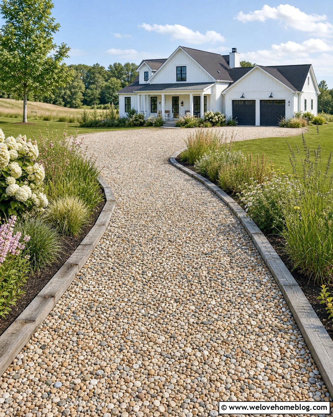 Farmhouse Creek Rock Driveway With Timber Edging - 20 Creek Rock Driveway Ideas