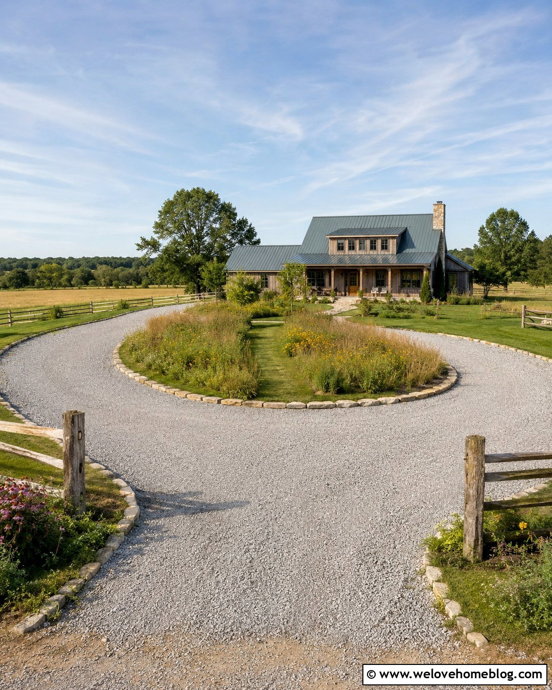 Farmhouse Crushed Stone Circle Driveway With Wildflowers - 20 Farmhouse Circle Driveway Ideas