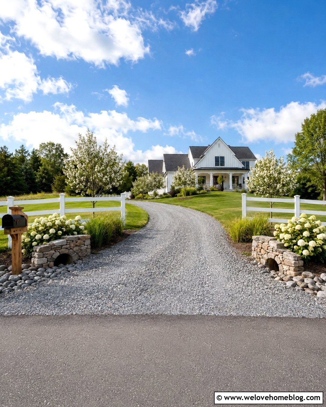 Farmhouse Culvert Driveway With White Fence - 20 Culvert Driveway Ideas
