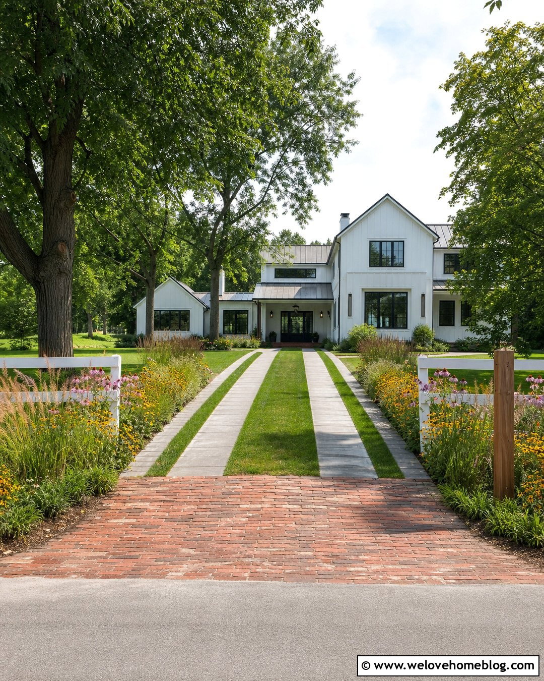 Farmhouse Double Ribbon Driveway With Wildflower Borders - 20 double ribbon driveway ideas