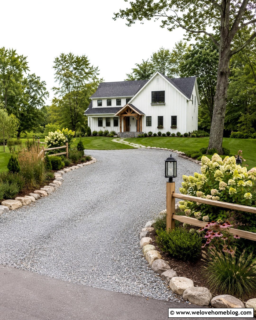 Farmhouse Driveway Corner With Split Rail Fencing