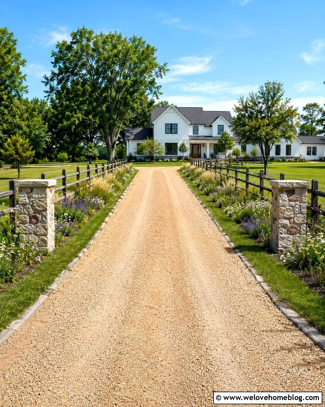 Farmhouse Driveway Edge With Split Rail Fence And Wildflowers - 20 landscaping driveway edge ideas