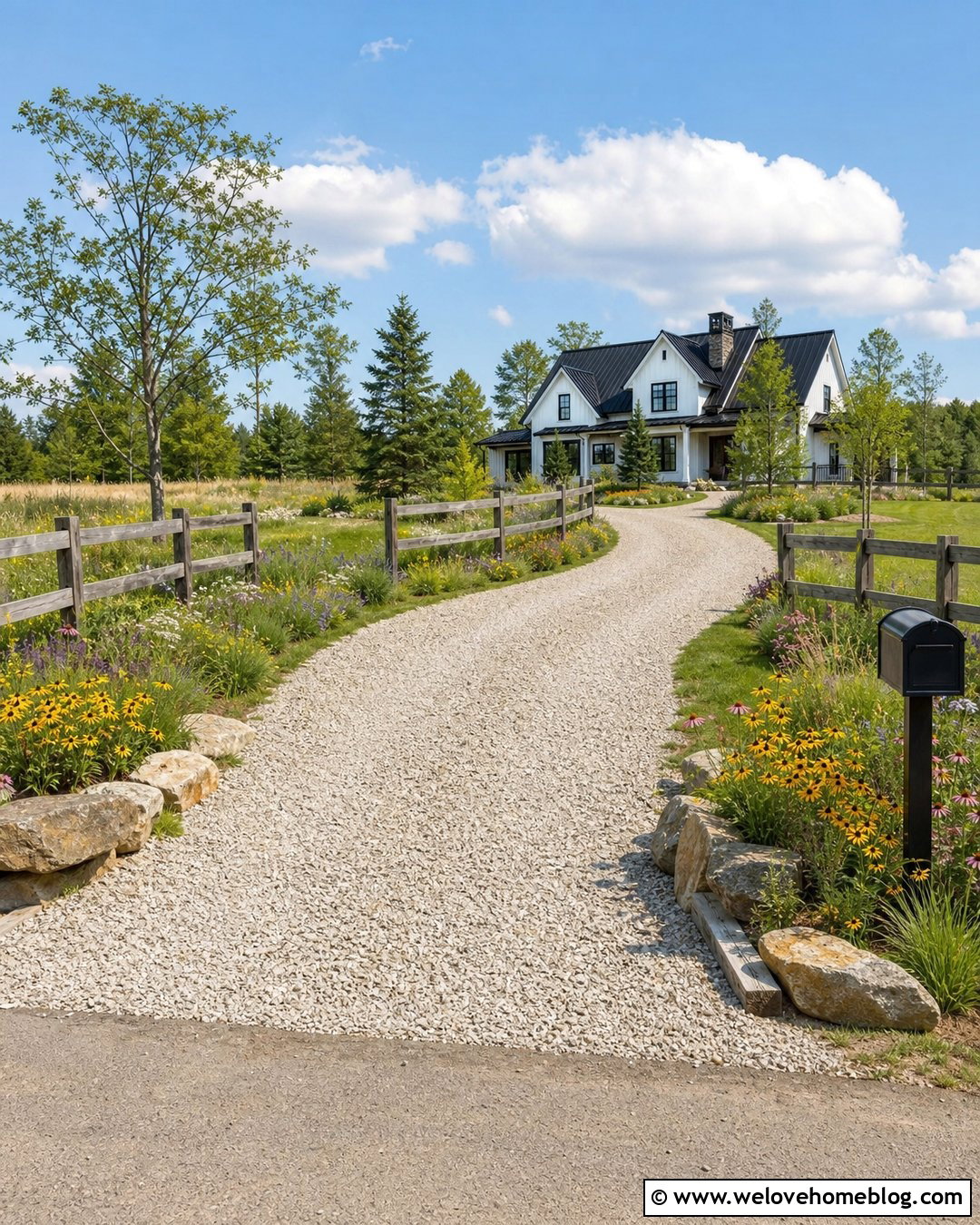 Farmhouse Driveway Entrance With Split Rail Fence - 50 driveway entrance landscaping ideas