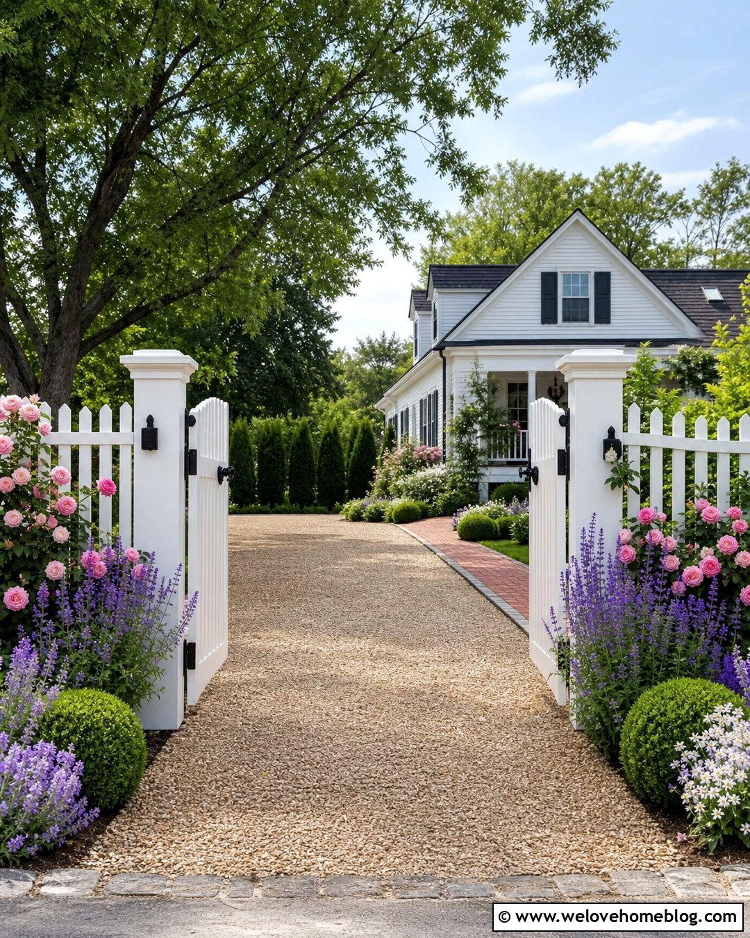 Farmhouse Driveway Entrance With White Picket Fence - 25 Rural Driveway Entrance Ideas