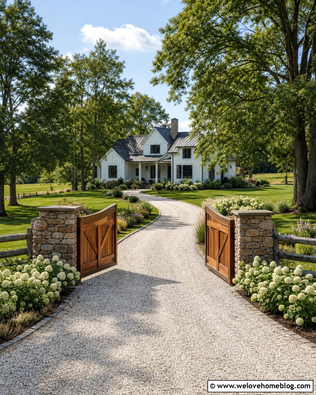Farmhouse Driveway Entrance With Wood Gate - 40 driveway entrance ideas