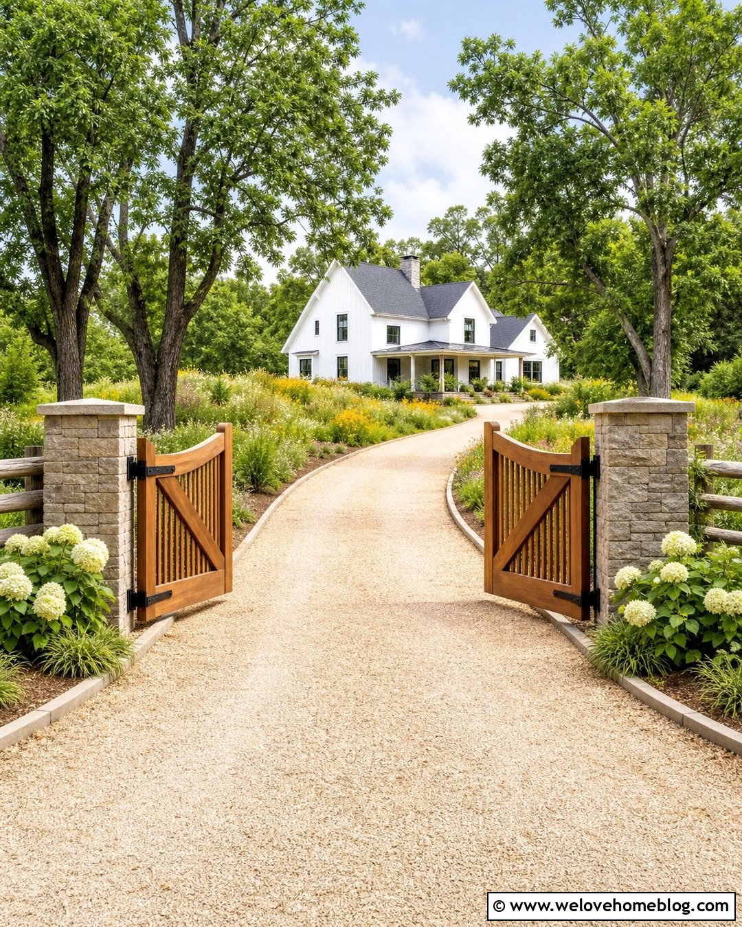 Farmhouse Driveway Entrance With Wooden Gate - 25 Entrance Driveway Ideas