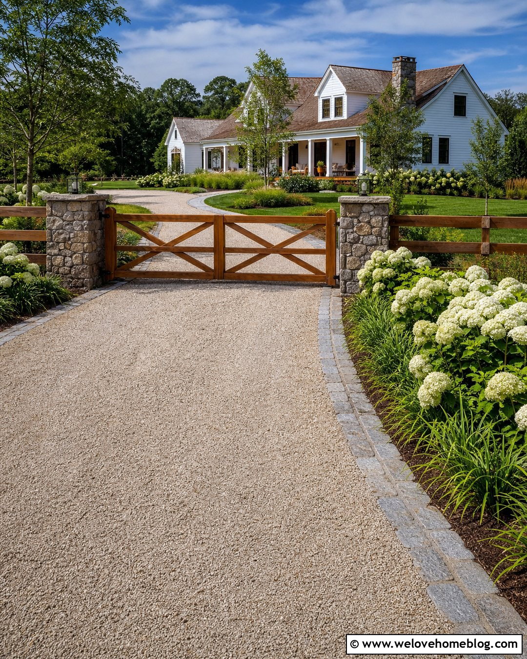 Farmhouse Driveway Entrance With Wooden Gate - 20 Entryway Driveway Ideas